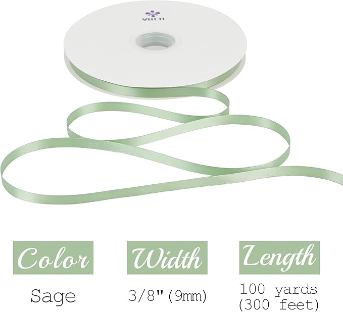 MEEDEE Sage Ribbon 3/8 Inch Sage Green Double Faced Satin Ribbon Wedding & Baby Shower, 100 Yards