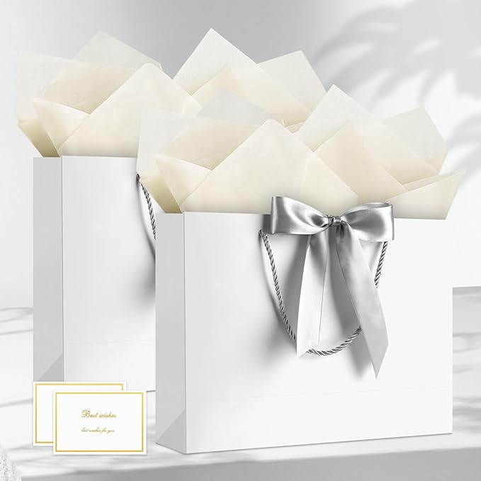 JMANNI Gift Bags, 2Pcs Paper Gift Bag with 4 Tissue Papers and 2 Cards, Present Bags with Handles for Women Girls Bridesmaid Birthday Valentines Wedding Party, White