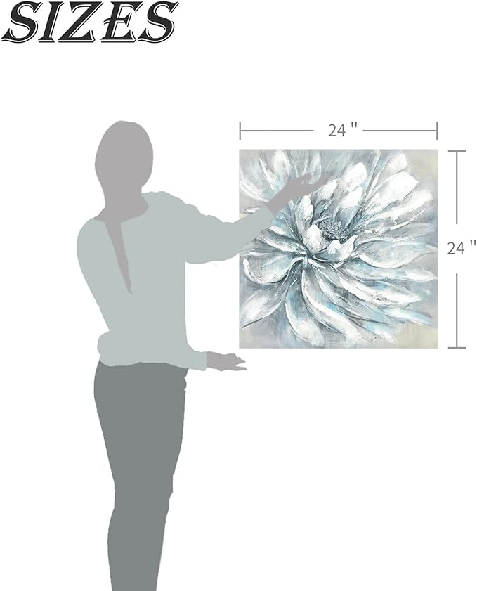 summer melody Abstract Flower Canvas Wall Art: Elegant White Modern Floral Painting Contemporary Blue Silver Peony Picture Gray Nature Botanical Prints Gallery Artwork for Bedroom