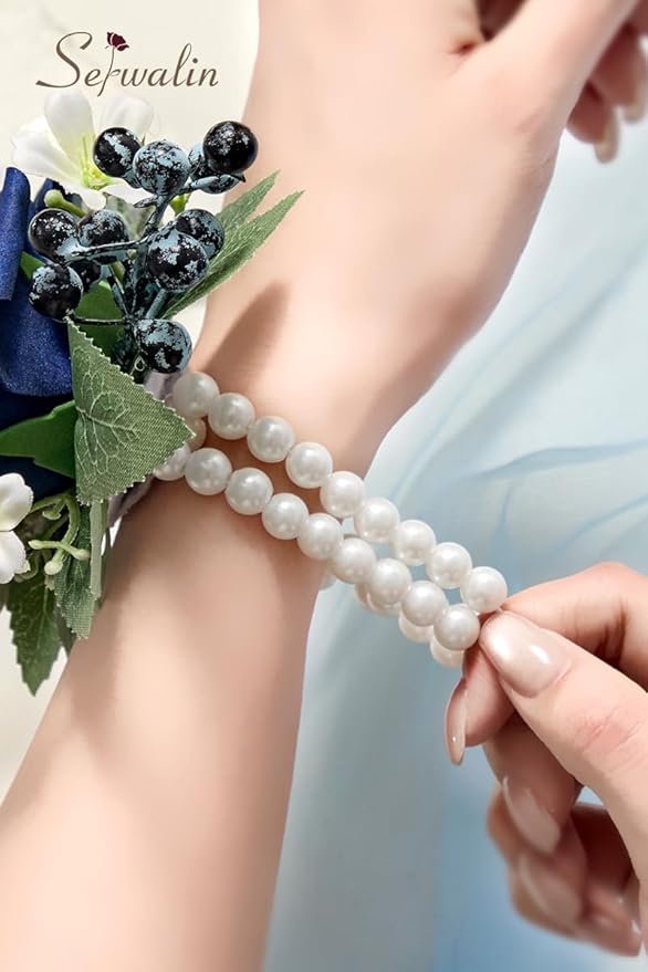 Serwalin 2Pcs Dark Blue Wrist Corsage for Wedding, Corsages Wristlet for Bridesmaid Mother Grandmother, Artificial Flowers for Prom Ceremony Anniversary
