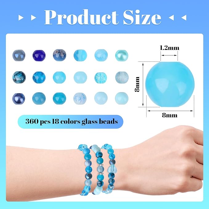 DUQGUHO 8mm Blue Beads for Jewelry Making Blue Glass Beads for Crafts Crystal Glass Round Beads Bulk Bead Bracelet Kit 360PCS