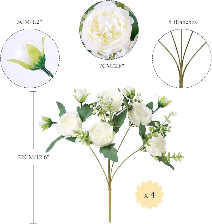 Floweroyal 4 Bunches Peony Artificial Flowers White Flowers Silk Peonies Bouquets for Wedding Party Table Centerpieces Floral Arrangement Home Kitchen Decor.