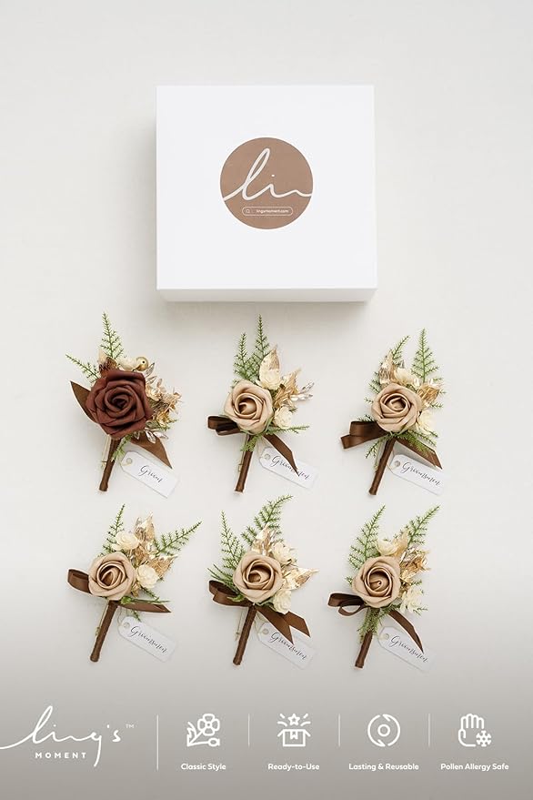 Ling's moment Boutonniere for Men, 6pcs Groom Groomsmen Boutonniere, Artificial Flowers for Wedding Decor/Prom/Homecoming, etc.Walnut Brown