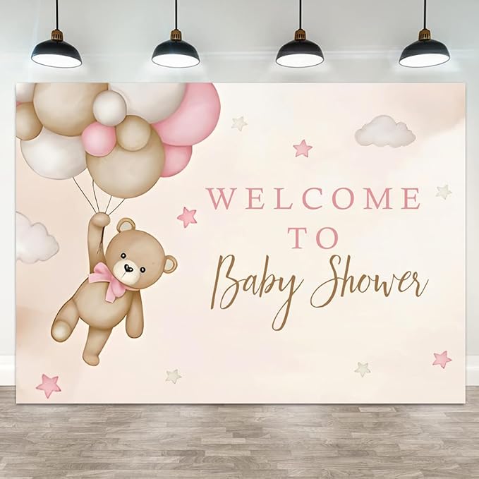9x6ft Bear Baby Shower Backdrop Brown Pink Hot Air Balloon Photography Background Sky Cloud Star Welcome to Baby Shower Decorations Pregnancy Announcement Portrait Photo Booth Prop