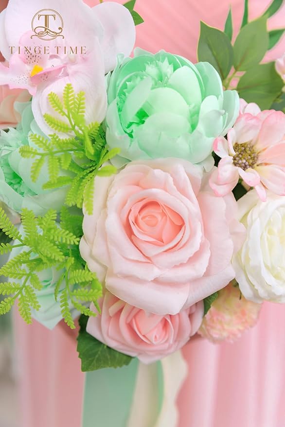 TINGE TIME 7 Inch Artificial Flowers Wedding Bouquets for Bridesmaid, Set of 4, Mint Green & Pink Bride Tossing Bouquet for Rustic Wedding Ceremony Bridal Shower Rehearsal Dinner Vintage Party