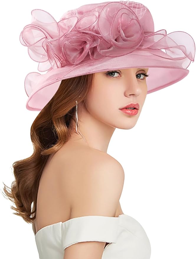 Organza Derby Hats for Women Wide Brim Fascinator Hat Rose Flower Wedding Tea Party Hat