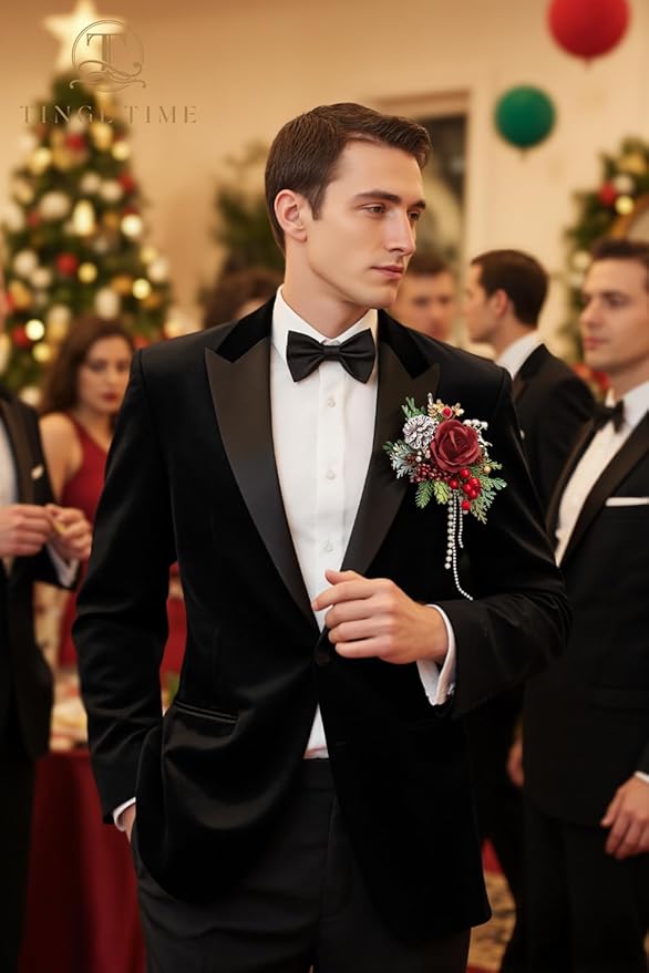 TINGE TIME Single Pocket Boutonniere for Man Groom, Best Man Boutonniere for Wedding, Prom, Homecoming, Anniversary, Graduation, Christmas Dinner (Christmas Red)