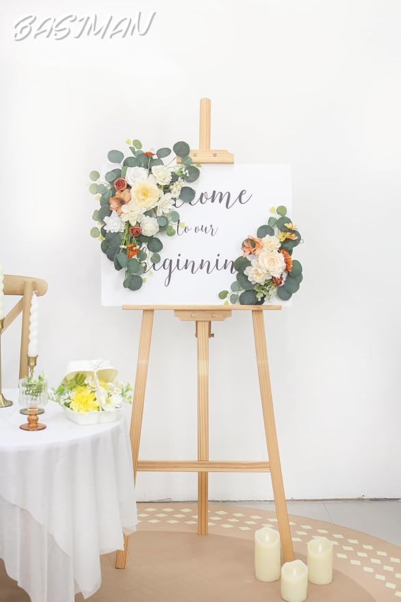 2pcs Wedding Arch Flowers,Wedding Welcome Sign,centerpieces for Tables,Reception Backdrop Table Decorations Welcome Sign (White Orange)
