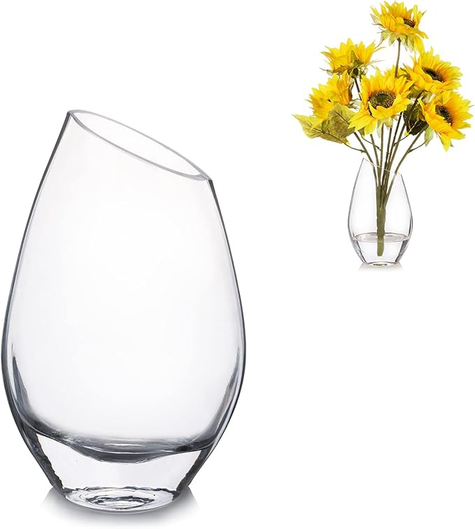 Enova Floral Unique Angled Rim Clear Glass Vase 4.5" W 8.0" H, Decorative Flower Vase for Home Decor Indoor, Wedding Centerpiece Event (1 Piece)