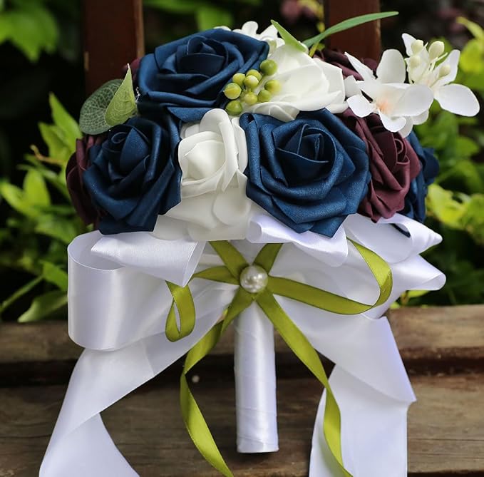 Lightweight Bridal Wedding Bouquet Round Holding Bouquet Throw Toss Artificial Rose Flower Bunch for Bride Bridesmaid Wedding Quinceanera (White, Navy & Dark Puce, 9.1")