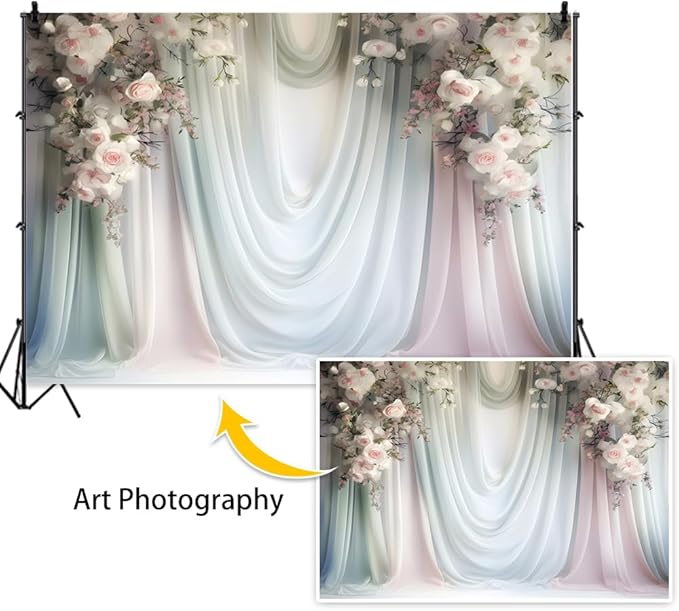 Leowefowa Floral Backdrop for Wedding Decor Pink Rose Flower White Curtain Wall Photography Background for Baby Shower Wedding Anniversary Ceremony Party Decorations Banner Studio Props 12x8ft Vinyl