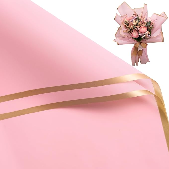 WRAPAHOLIC 20 Sheets Flower Wrapping Paper - 22.4 x 22.4 inch Gold Trim Pink Water-Resistant Floral Bouquet Wrapping Paper, Florist Supplies Packaging Paper for Wedding Birthday Gift DIY