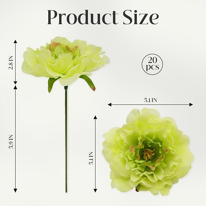 20pcs 5" Artificial Flower Peonies, Silk Peonies with 6" Stems, Flowers Suitable for Wedding Bouquets, Home Party Decoration (Light Green)