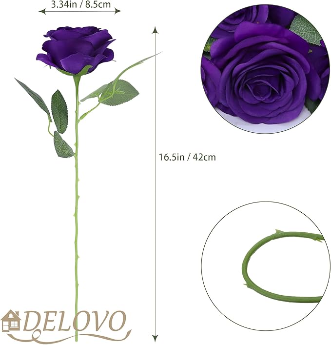 52pcs Purple Roses Artificial Flowers Fake Flowers Silk Roses with Stems for DIY Wedding Bouquets Bridal Shower Centerpieces Arrangements Party Decorations