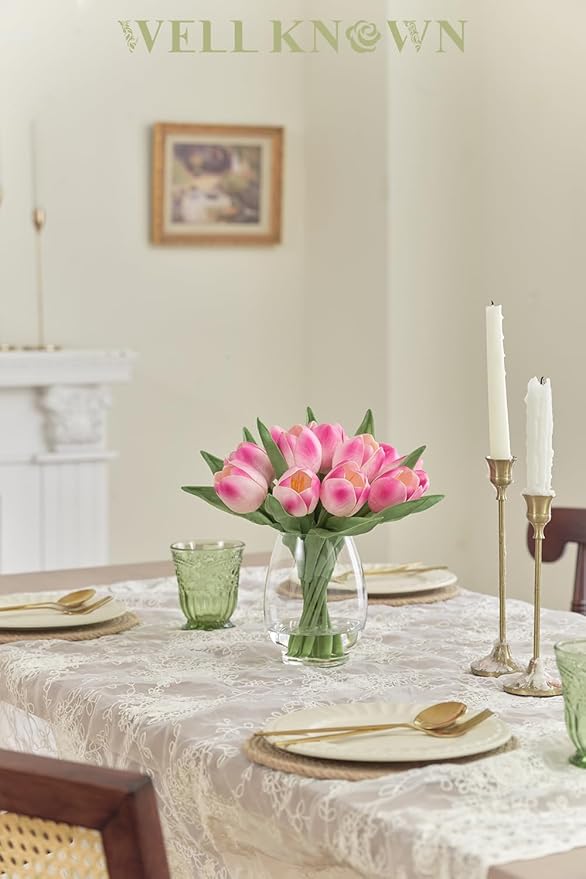 WELL KNOWN 12 Pcs Fake Tulips Artificial Pink Flowers in Vase with Faux Water, Real Touch Foam Tulips Arrangements with Vase for Home Office Decor, Dining Table Wedding Centerpiece Gift (Fuchsia)