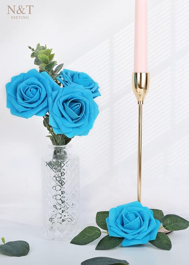 N&T NIETING Artificial Flowers, 25pcs Fake Flower Roses with Stem for DIY Wedding Bouquets Centerpieces Bridal Baby Shower Party Home Decoration, Blue