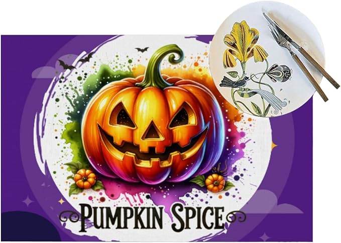 PVC Placemats Set of 4 Wipeable Table Mats Washable Heat Resistant Non Slip Vinyl Dining Table Mat for Kitchen Indoor Outdoor Patio Farmhouse Place Mats Funny Purple Halloween Pumpkin Decorative