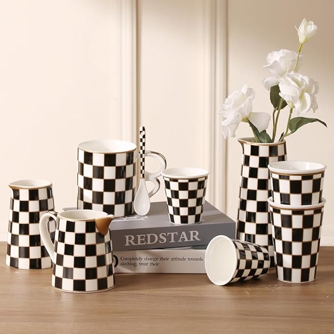 Porlien Checker Porcelain Flower Vase Home Decor Set of 2 with 5.5' High and 8' High Flower Bottle