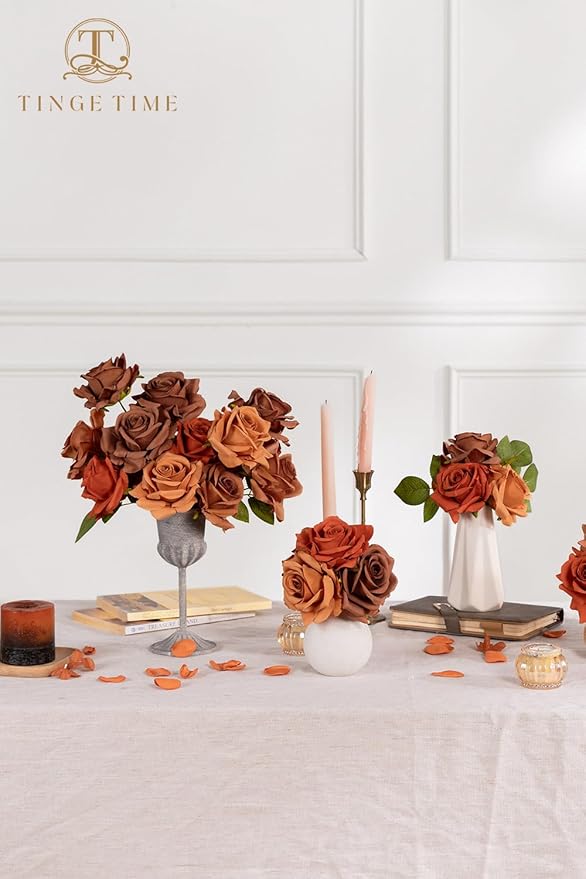 TINGE TIME Artificial Flowers Combo Box Set 16pcs Fake Rose Silk Flower with Stem for DIY Wedding Bouquets Centerpieces Baby Shower Party Home Fall Decoration (Gradient Terracotta)