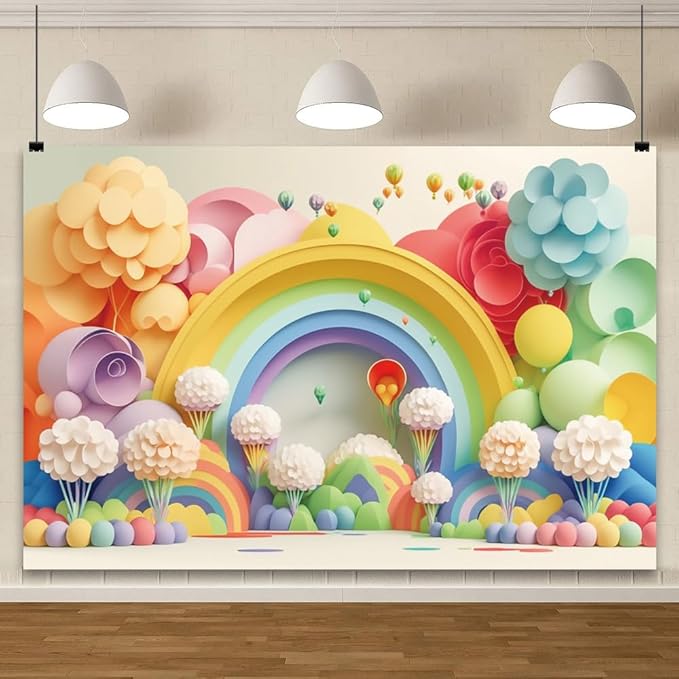 YongFoto Paper Flowers Backdrop 5x3ft Colorful Cut Paper Floral Blossom Rainbow Arch Hot Air Balloon Honeycomb Ball Photography Background Lovely Party Banner Home Decor Photo Studio Booth Props