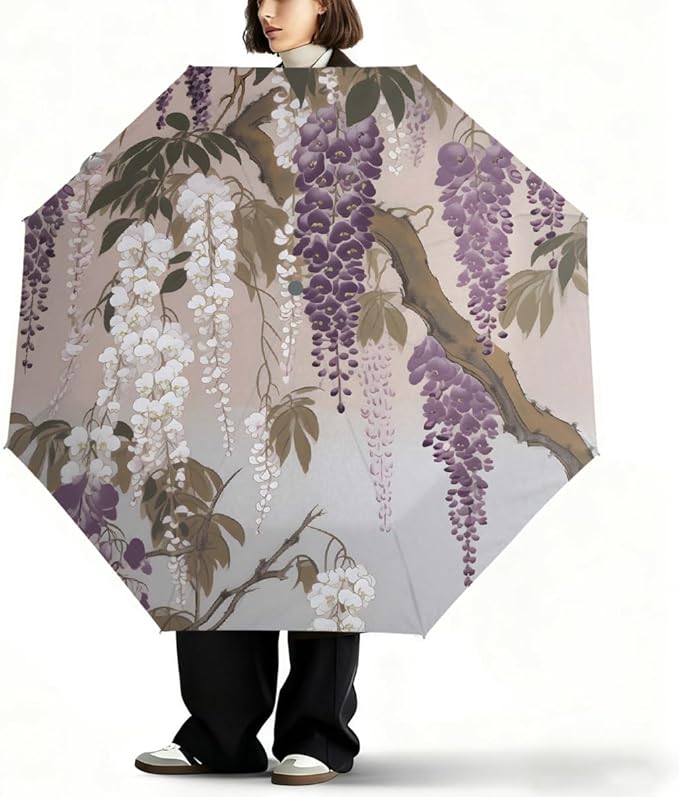 Windproof Travel Umbrella Wisteria Flower Floral Compact Auto Open/Close Folding Umbrellas for Rain