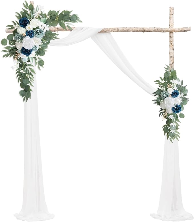 PONATIA Wedding Arch Flowers Kit (Pack of 3) with 26Ft White Arch Draping Fabric, Dusty Blue Flowers for Ceremony and Reception Wedding Decoration