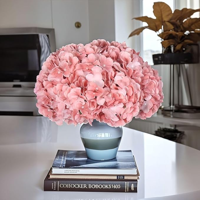 2Bouquets Artificial Fake Flowers Plants Silk Hydrangea Arrangements Wedding Bouquets Decorations Plastic Floral Home Kitchen Garden Party Festival Bar DIY(Light Coral Pink)