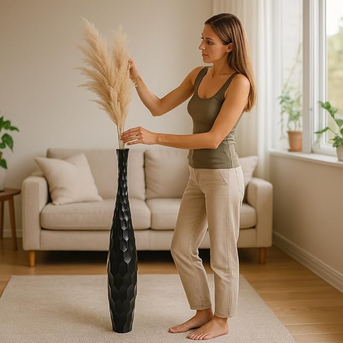 Leewadee Large Black Home Decor Floor Vase - Wooden 41 inch Tall Farmhouse Decor Flower Holder for Fake Plant and Pampas Grass