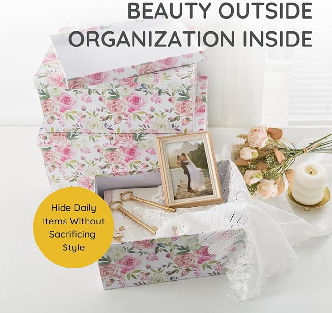 Soul & Lane Decorative Storage Cardboard Boxes with Lids | Summer Rose - Set of 3 | Floral Paperboard Nesting Boxes