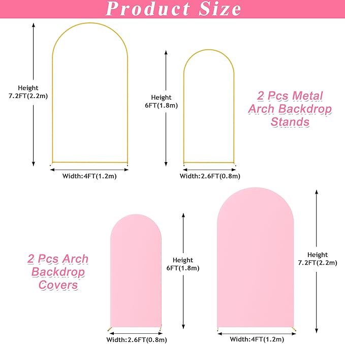 Putros Metal Arch Stand with Cover Set of 2 Pink Spandex Fitted Wedding Arch Cover and Round Top Chiara Backdrop Stand for Birthday Party Baby Shower Decoration 7.2FT, 6FT