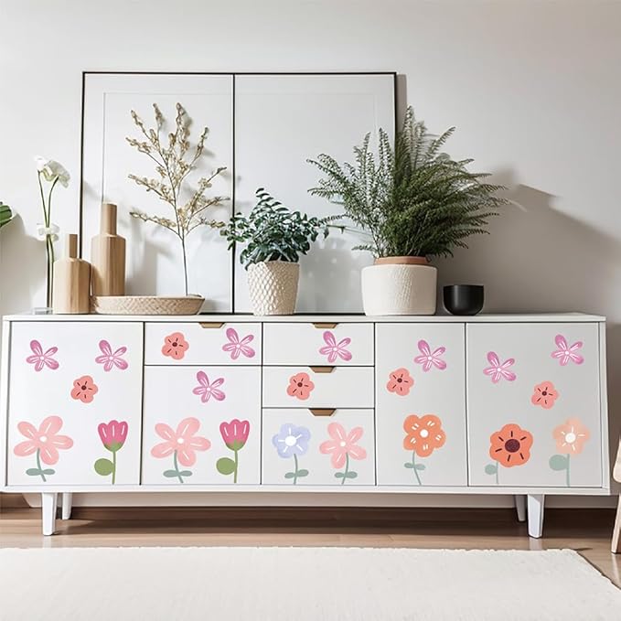 90PCS Pastel Floral Wall Decals – 10 Sheets Peel & Stick Vinyl Wall Stickers (Sizes 2.2"-4.5"), Pastel Removable Boho Aesthetic Flower Wall Art for Nursery, Kids Girls Bedroom, Dorm & Home Decor