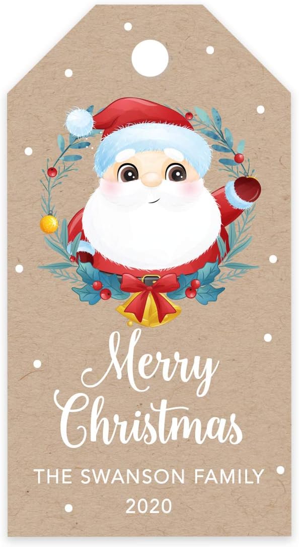 Andaz Press Personalized Christmas Holiday Season Classic Gift Tags, Merry Christmas Santa with Christmas Wreath Design, Custom Family Name and Year, for Holiday Events, Parties, and Favors, 60-Pack