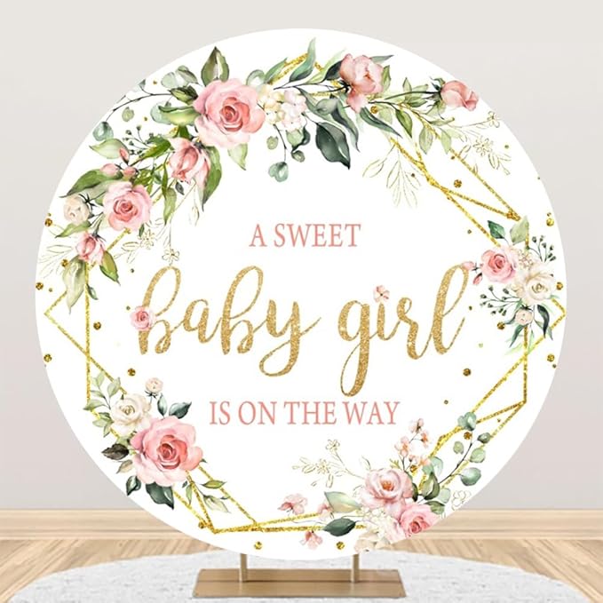 Baby Shower Backdrop - 7.5ft Pink Floral Circle Background with Green Leaves - Baby Girl Shower Decor