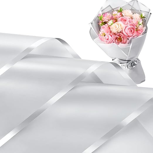 Jutieuo 20 Sheets Silver Flower Wrapping Paper, Waterproof Floral Wrap Silver Edge Bouquet Wrapping Paper Florist Supplies (22.8 x 22.8 inch)