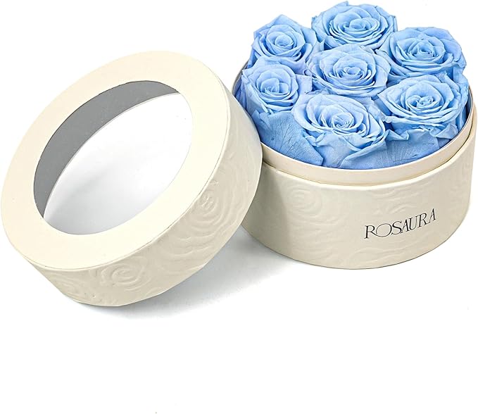 Rosaura Round Preserved Roses Gift Box - Real Forever Flowers for Birthday, Valentine's & Mother's Day (Sky Blue, 7 Roses)