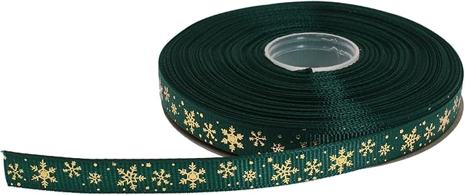 Gold Printing Snowflake Grosgrain Ribbon 25 Yard Each Roll 100% Polyester Woven Edge (3/8", Dark Green)
