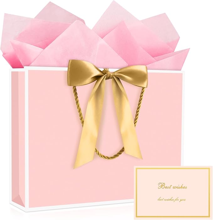 JMANNI Gift Bags, 1PCS Gift Bags Large with Ribbon and 1 Greeting Cards 2 Tissue Paper, Portable Paper Gift Bag with Handles, Birthday Gift Bags,Present Bags for Wedding Party Mothers Day