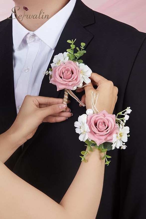 Serwalin Pink Rose Corsage and Boutonniere Set, Prom Flower Wrist Corsage Bracelets, Homecoming Roses Corsage Wristlet and Men Boutonniere for Wedding Flowers Accessories Prom Suit Decorations