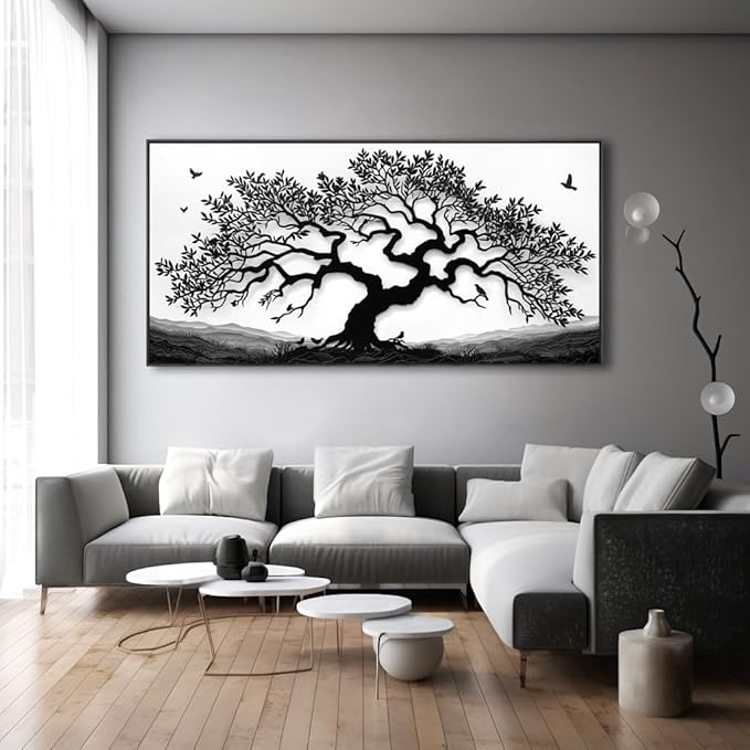MooMel Wall Art Tree of Life White and Black Abstract Wall Art Canvas Painting for Living Room Bedroom Dining Room Home Office Decor Large Framed Ready to Hang 20"x40"