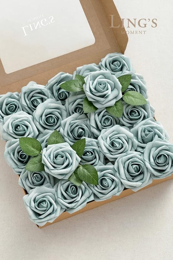 Ling's moment Artificial Flowers 25Pcs Dusty Blue Roses Decor w/Stems,3" Real Touch DIY Foam Floral for Wedding Bouquet/Centerpieces, Outdoors Party Backdrop, Room/Table, and Garden/Pot Decorations