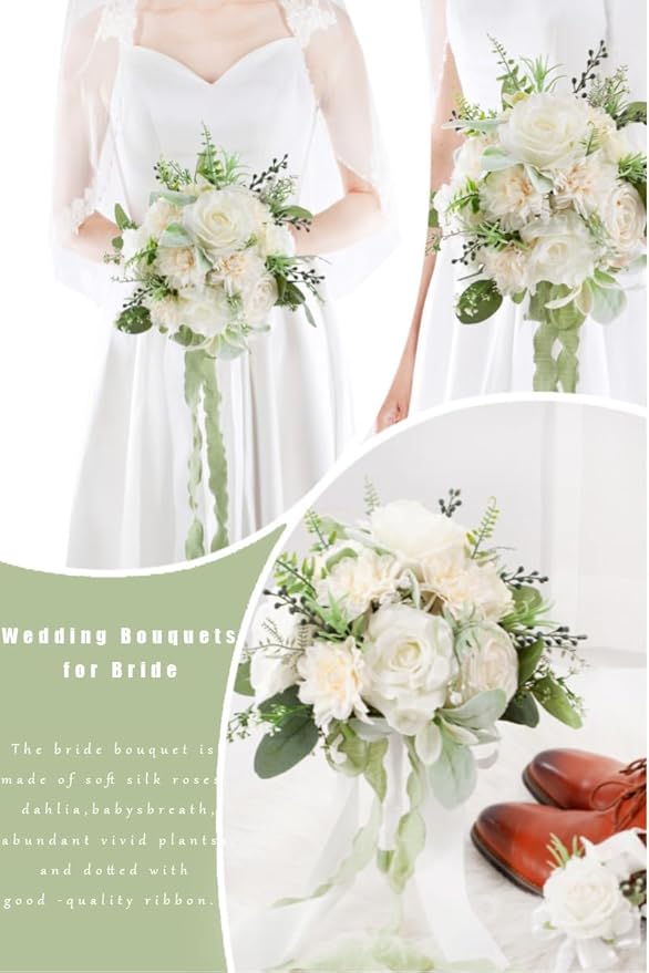 Ivory & Sage Wedding Bouquets for Bride Bridesmaids, Bridal Bouquet for Wedding Silk Artificial Flowers