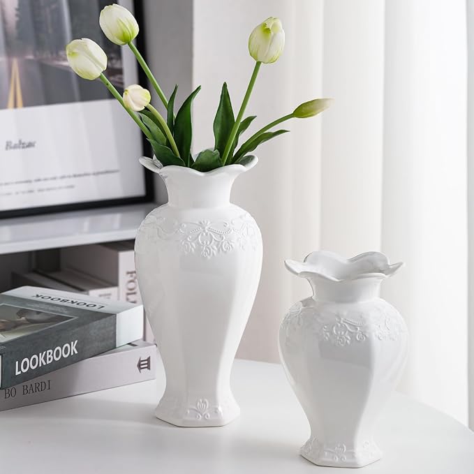 Relievo Elegant White Cream 8in 11in Ceramic Flower Tall Aesthetic Beige Table Tulip Wide Mouth Rose Filler Decorative Rustic Vase Decor for Home (White Vase, M)