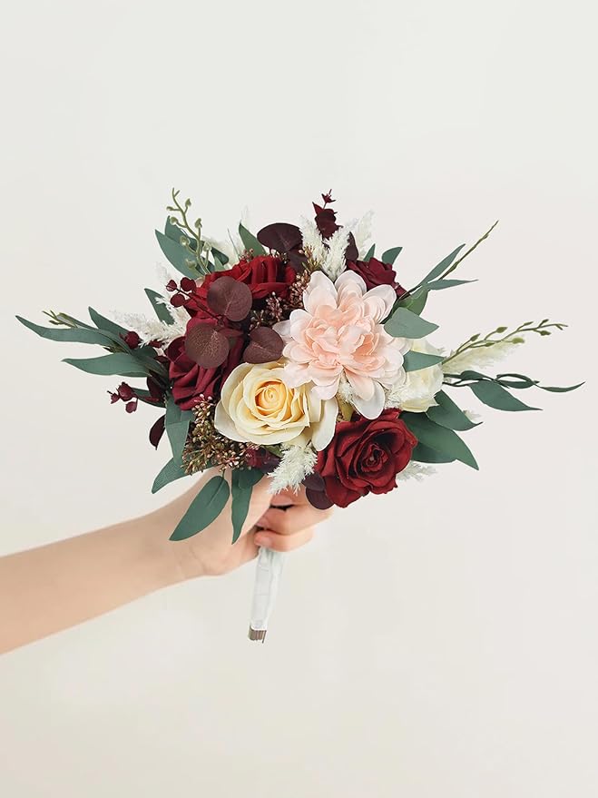 Rinlong 1Pc Burgundy Wedding Bouquets for Bridesmaids Fall Boho Bouquet Artificial Bridesmaid Bouquet for Wedding Prom Homecoming