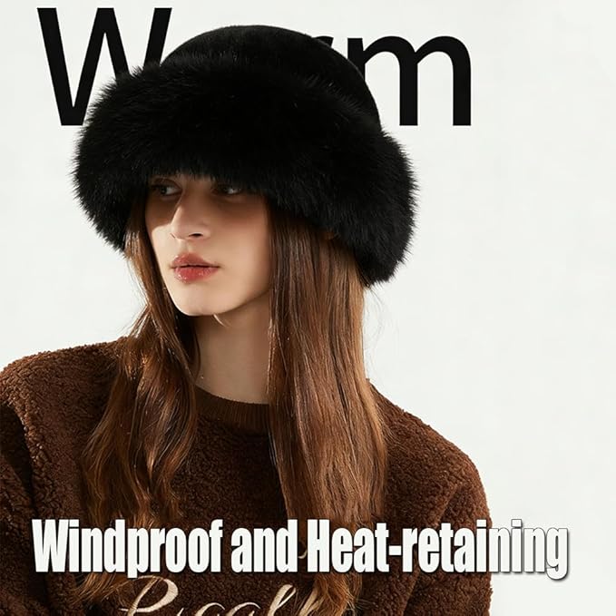 Faux Fur Bucket Hat, Winter Plush Fluffy Furry Mink Hats, Warm Thickened Fisherman Cap, Warm and Cute, Versatile for Winter - Black