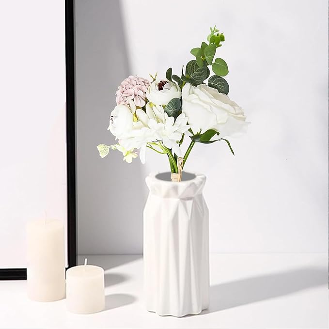 Zerzsy Artificial White Peony Flower Bouquet with Green Leaves Stem, 4pcs Stems Silk Flowers Bouquet Fake Peonies Flower Arrangements Vase Decorating for Centerpiece Table Wedding Party Home