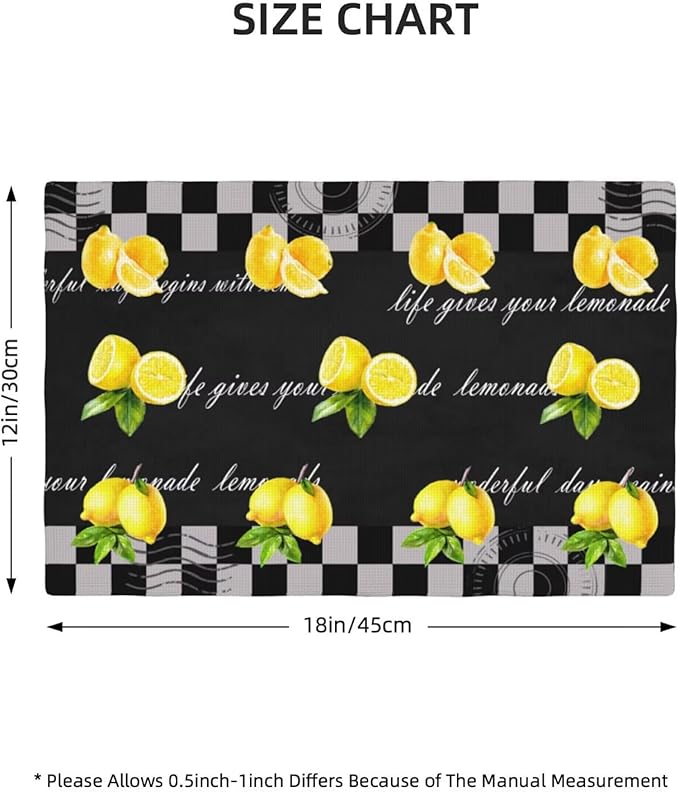 Lemon Kitchen Table Placemats Set of 6 Vintage Black White Checkered Summer Fruit Print Placemat Indoor Outdoor Party Home Desktop Dining Room Decor 12x18 Inch