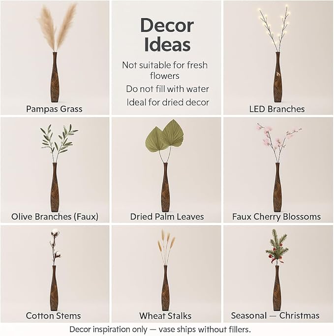 Leewadee Large Brown Home Decor Floor Vase - Wooden 41 inch Tall Farmhouse Decor Flower Holder for Fake Plant and Pampas Grass