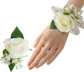 Meldel Wrist Corsage and Boutonniere Set(2pcs), Ivory White Artificial Silk Rose Pearls Bracelets Corsage for Bride, Groom Best Man Boutonniere Wedding Flower Accessories Prom Ceremony Party Decor