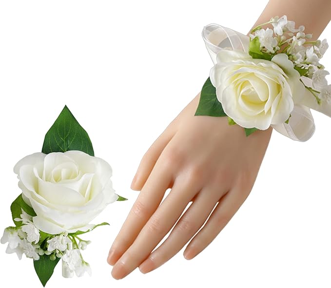 Meldel Wrist Corsage and Boutonniere Set(2pcs), Ivory White Artificial Silk Rose Pearls Bracelets Corsage for Bride, Groom Best Man Boutonniere Wedding Flower Accessories Prom Ceremony Party Decor