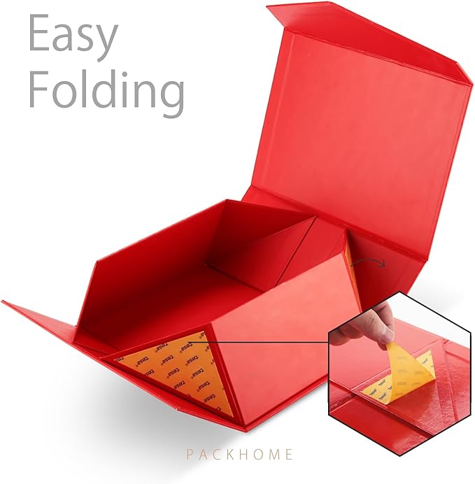 PACKHOME Christmas Gift Box 9x6.5x3.8 Inches, Rectangle Collapsible Box with Magnetic Lid for Xmas Gift Packaging (Matte Red, Grain Texture)